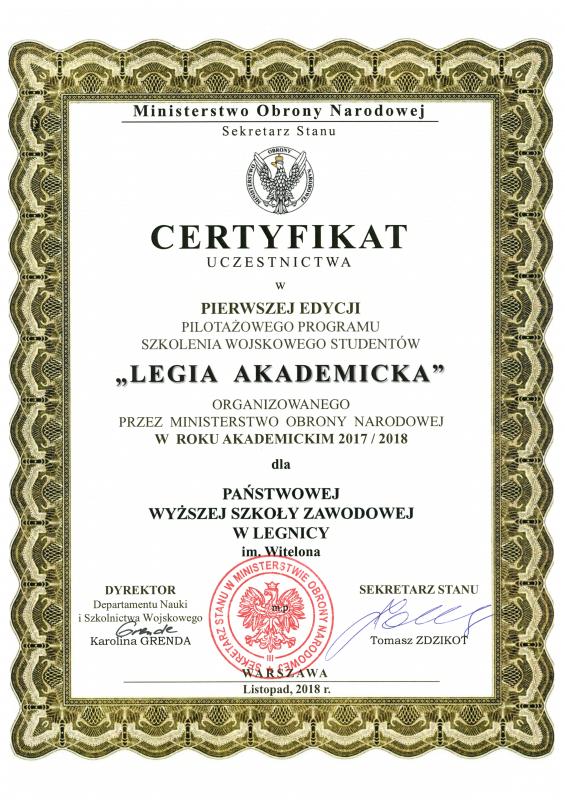 Legnicka uczelnia wysoko oceniona za udzia w projekcie Legia Akademicka